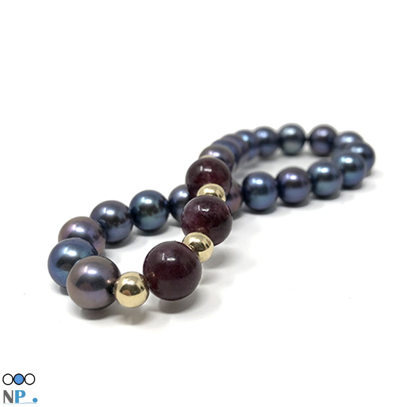 Bracelet de perles de culture Eau Douce noires AAA 7,5 à 8 mm et Pierres semi precieuses Grenat rouge